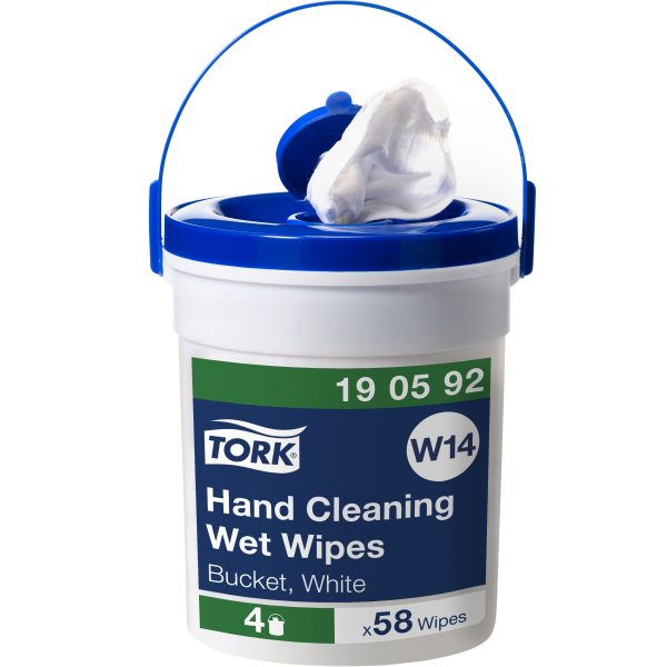 Tork moist hand cleaning wipes in the white dispenser bucket W14